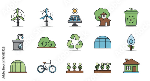 Eco-friendly Icons: Renewable Energy, Recycling, Nature, Green Living, Sustainable Concepts