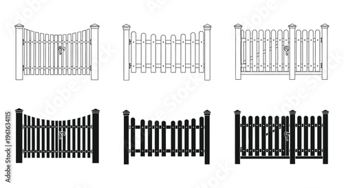 Collection of various garden fence and gate vector graphics for home exterior design.