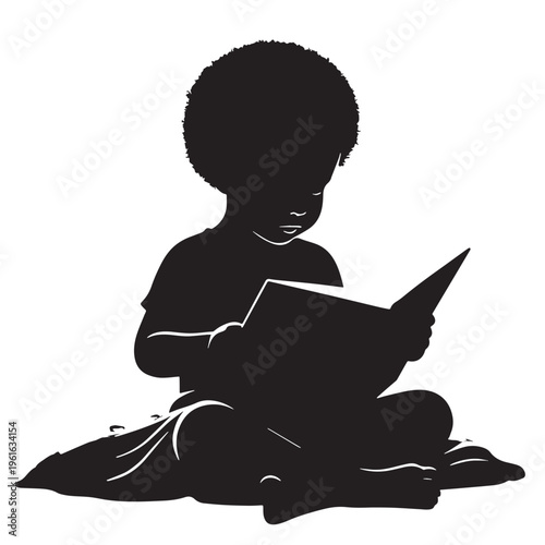 Black Kid reading bedtime Silhouette Vector, High Quality Illustration on White Background