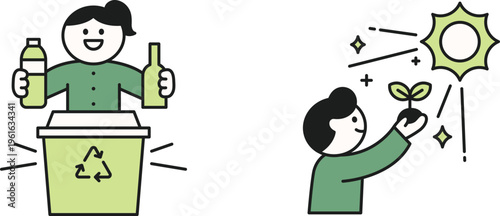 A cheerful person recycling bottles and glass into new green growth for a sustainable future together with a happy observer