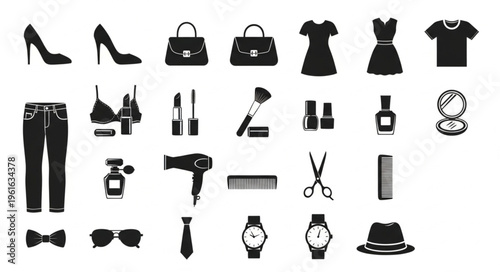 Collection of Fashion and Beauty Items in Silhouette Style.