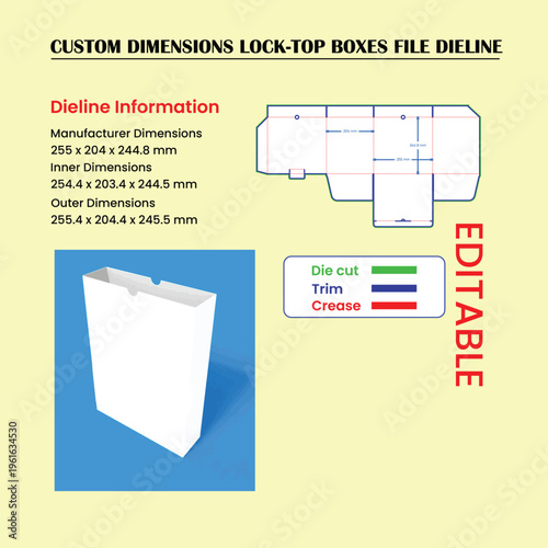 Custom Lock Top Box File Dieline With Dimensions And Example packaging template