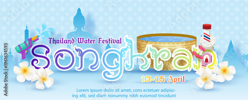 Poster design of Songkran water festival in papercut style with golden bowl and white flowers on Thailand landscape, Thai art pattern and blue background.