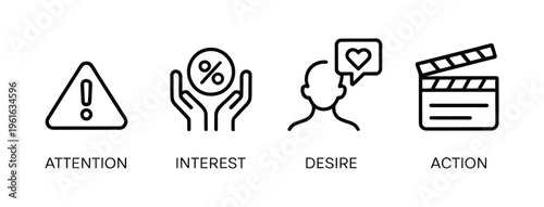 Concept for attention interest, advertising and marketing visualization representing user awareness and curiosity with icons like target, spotlight, and notification bell