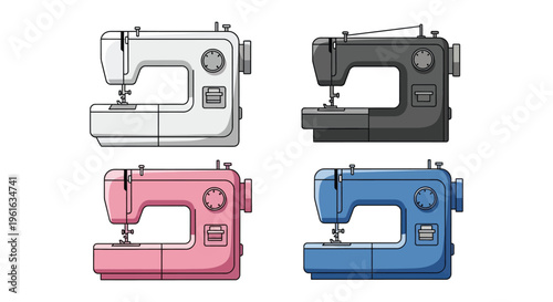 Collection of four different colored sewing machine vector illustrations for textile crafts