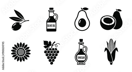 Food icons, oil, fruit, and grain symbols, black vector illustrations, edible oil, healthy eating, nutrition graphics