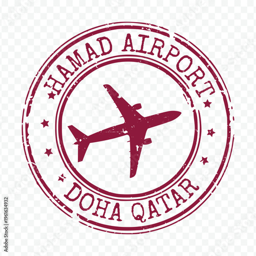Hamad airport doha qatar tourism label featuring red circular border with airplane silhouette and stars