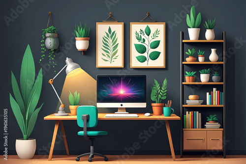 A home office with a desk, computer, and many plants