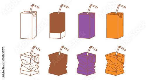 Vector graphic collection illustrating various colored juice boxes before and after being crushed