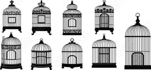 Vintage birdcage silhouettes collection with decorative metal cages and classic ornamental designs, antique home decor vector illustration set isolated on white background
