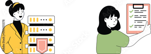 Professional explains database concepts while colleague reviews checklist for task completion and verification