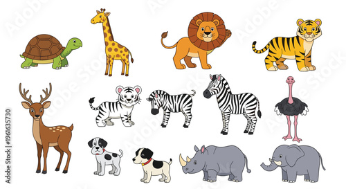 Cartoon animals illustration with turtle, giraffe, lion, tiger, deer, white tiger cub, zebra, ostrich, puppies, rhinoceros, elephant, colorful wildlife