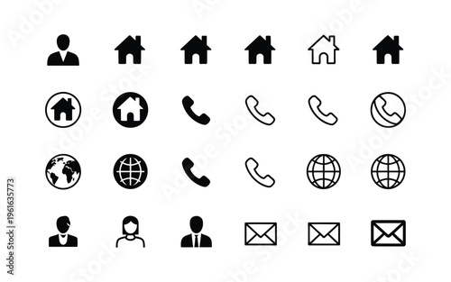 Contact us icons, collection of communication symbols including phone, email, chat, and location pin for customer support and inquiry