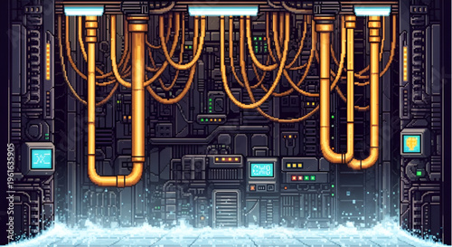 Pixel Art Cyberpunk Server Room Interior with Glowing Wires and Computer Terminals
