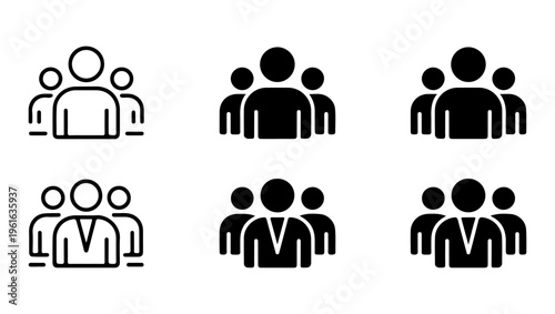 Simple black and white icons depicting groups of people in various sizes