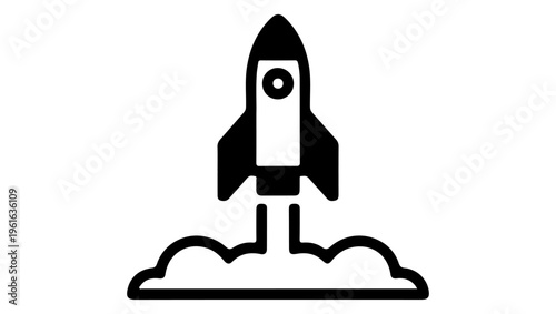 Black and white illustration of a rocket launching with fiery exhaust