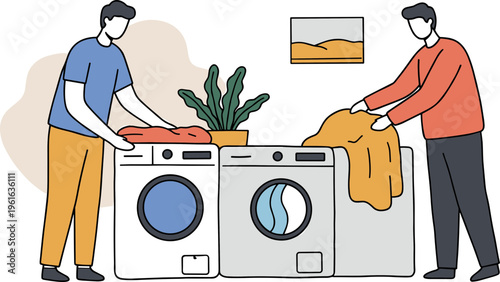 Two men doing laundry together in a cozy indoor setting with washing machines and a houseplant on a transparent background