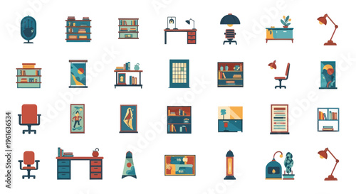 Pixel Art Office and Home Furniture Icons Set