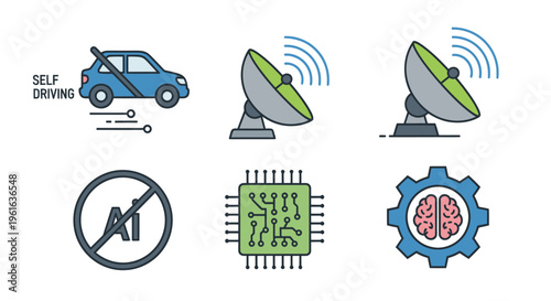 Self Driving Car, AI, Satellite, Chip, Brain Gear Icons