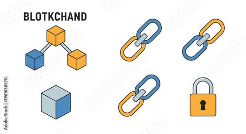 Blockchain network, blocks, chain links, and lock icons. Digital technology and security concept.