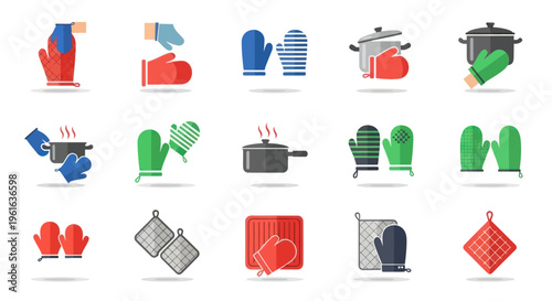 Collection of colorful oven mitts and pot holders icons for kitchen safety and cooking