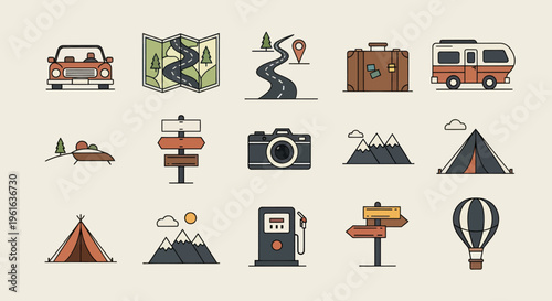 Travel Icons Set: Car, Camper Van, Tent, Map, Camera, Mountains, Hot Air Balloon