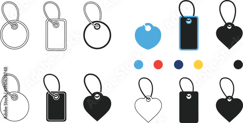 Blank keychain tag collection vector set with round, rectangular and heart shapes in outline and filled styles isolated on white background