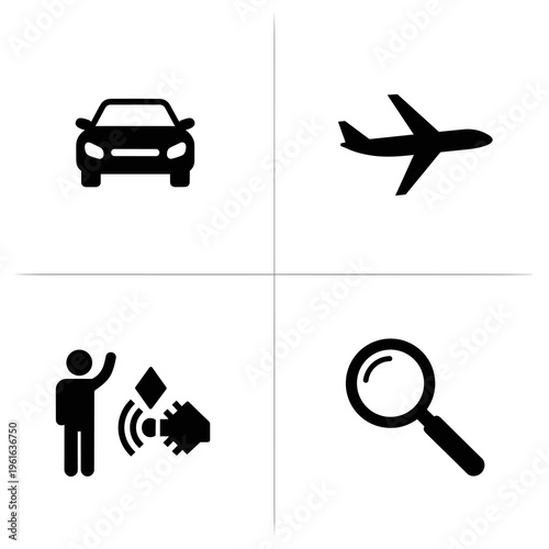 Vector set of travel and transportation icons featuring airplane, car, train, and helicopter silhouettes for business flight and airport design illustrations