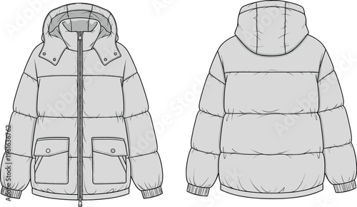Puffer jacket technical drawing front and back view hooded winter apparel clothing template vector illustration detailed design