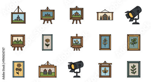 Art Gallery Icons: Paintings, Easels, Spotlights, and Architecture Illustrations
