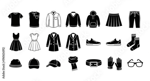 Collection of Fashionable Clothing and Accessories in Black and White.