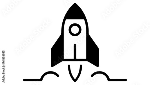 A simple black and white illustration of a rocket launching with flames