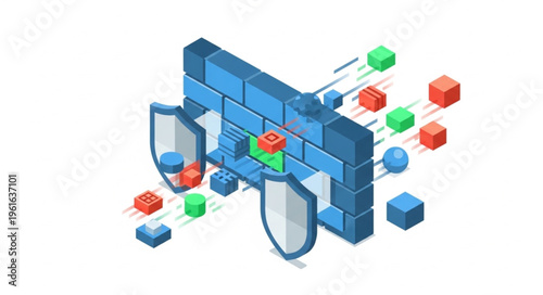 Isometric Firewall Security System Protecting Data with Shields.