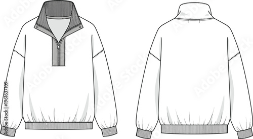 Quarter zip pullover sweatshirt front and back view technical fashion illustration, detailed flat sketch apparel template for modern clothing design
