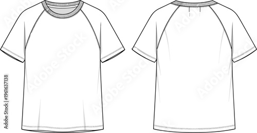 Raglan sleeve t shirt front and back technical drawing, detailed fashion flat sketch, casual apparel vector template for clothing design