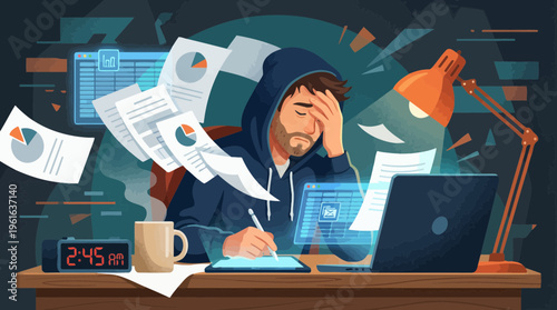 Exhausted male financial analyst in a hoodie working late with flying documents and charts at a messy desk at 2:45 AM, concept for professional burnout, workload management and deadline stress