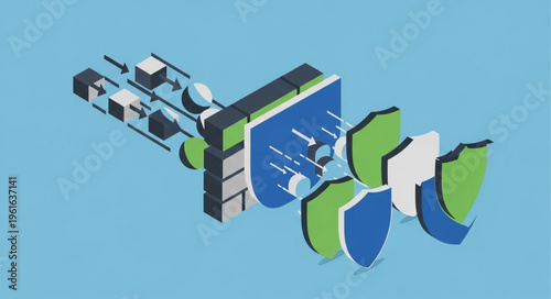Isometric Illustration of Network Security with Shield Layers.
