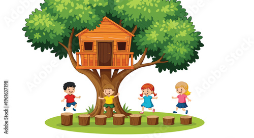 Children playing on wooden stumps near treehouse with balcony, green foliage, outdoor fun, joyful childhood adventure, nature activity, playful scene