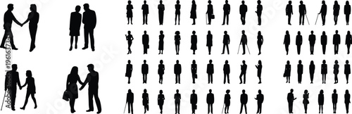 Collection of diverse people silhouettes including pairs interacting and individuals standing, showcasing posture, attire, social interaction, demographic diversity, lifestyle