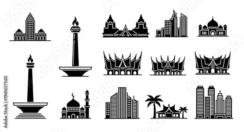 Indonesia Landmarks Silhouette Collection - National Monuments and Cultural Icons.