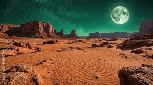 A serene desert landscape under a starry night sky with a full moon shining brightly