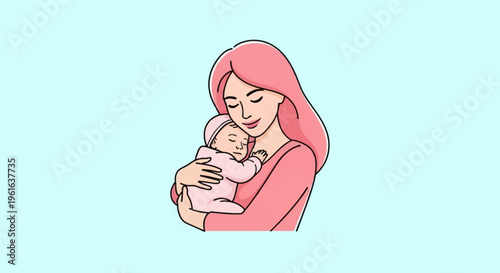 Line art illustration of a mother with pink hair holding a sleeping baby in her arms, representing motherhood, maternal love, and infant care, depicted on a solid light blue background.