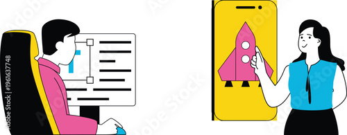 A person showing a mobile app design featuring a rocket to another individual reviewing a checklist