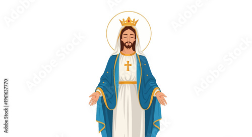 Vector illustration of Jesus Christ or religious figure with a golden crown, blue mantle, white robe, and halo, featuring stigmata on open palms, isolated on a white background.