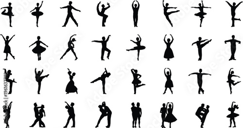 Collection of thirty-five dancer silhouettes in diverse poses and dance positions, showcasing movement, partner dancing, artistic expression, lifestyle illustration, and creative performance concept