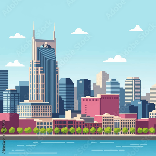 Flat vector illustration of Nashville, Tennessee city skyline featuring the AT&T Building, diverse urban skyscrapers, waterfront park with trees, and the Cumberland River.