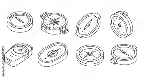 Collection of diverse isometric compass designs for navigation and guidance vector illustration on white background