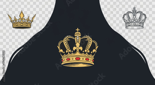 Set of three royal crown illustrations featuring a highly detailed gold imperial crown with a cross and red jewels, a sharp gold coronet, and a minimalist black line art outline.