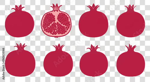 Set of eight pomegranate fruit vector silhouettes and one detailed cross-section with arils, red flat icons of whole and sliced fruit isolated on a transparent background.