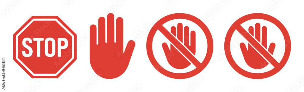 Obraz premium Red stop sign hand and prohibition hand icons isolated on white background vector graphics.